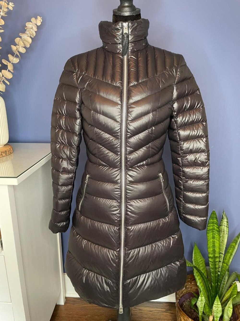 Mackage Long Down Puffer Coat Black Metallic XS 90% Duck Down